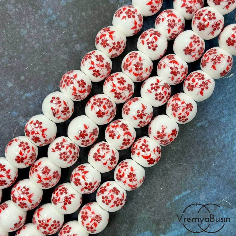 Бусина керамическая с рисунком, шарик  10 мм (нить, ок. 38 шт.)