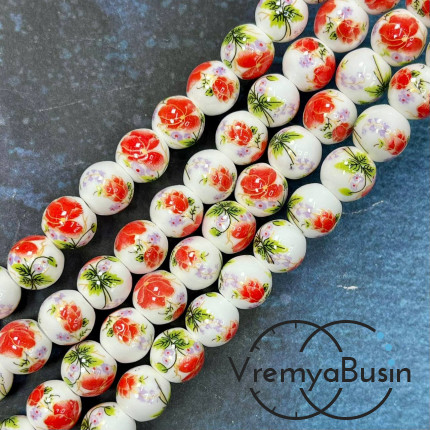 Бусина керамическая с рисунком, шарик  10 мм (нить, ок. 38 шт.)