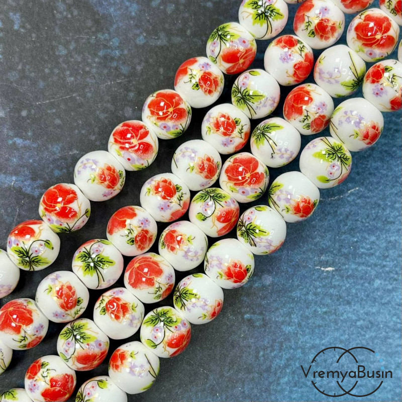 Бусина керамическая с рисунком, шарик  10 мм (нить, ок. 38 шт.)