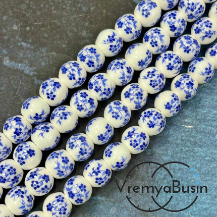 Бусина керамическая с рисунком, шарик  10 мм (нить, ок. 38 шт.)