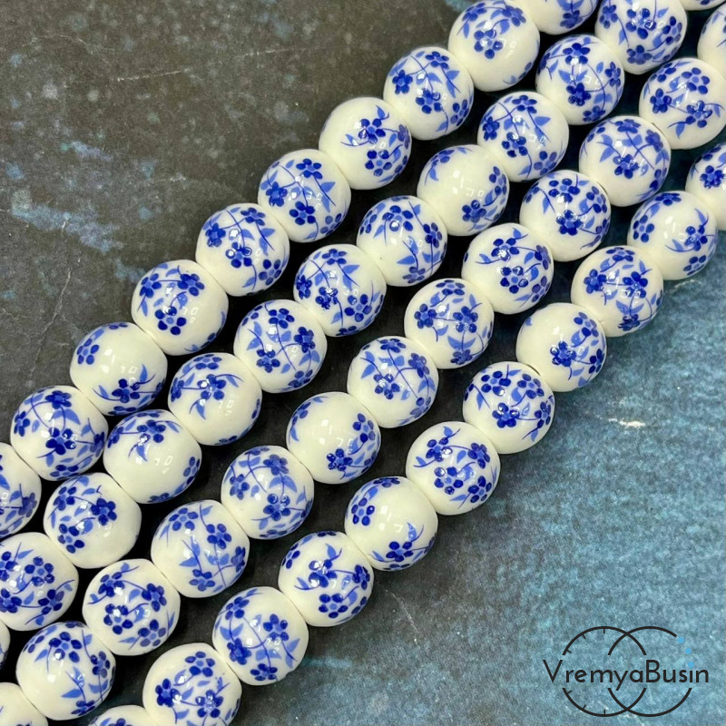 Бусина керамическая с рисунком, шарик  10 мм (нить, ок. 38 шт.)