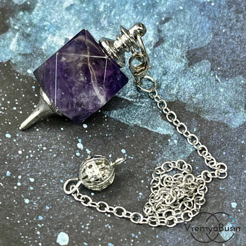 Аметист. Кулон из камня «Маятник с цепочкой», ок. 38х16 мм (1 шт.)