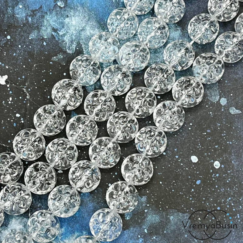 Горный хрусталь имит., бусины таблетки с орнаментом ок. 13х8 мм (1/2 нити, ок.    15  шт.)