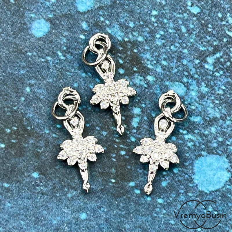 Подвеска с фианитами "Балерина", 18х8 мм, латунь с родиевым покрытием (1 шт.)