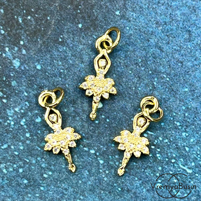 Подвеска с фианитами "Балерина", 18х8 мм, латунь с позолотой (1 шт.)