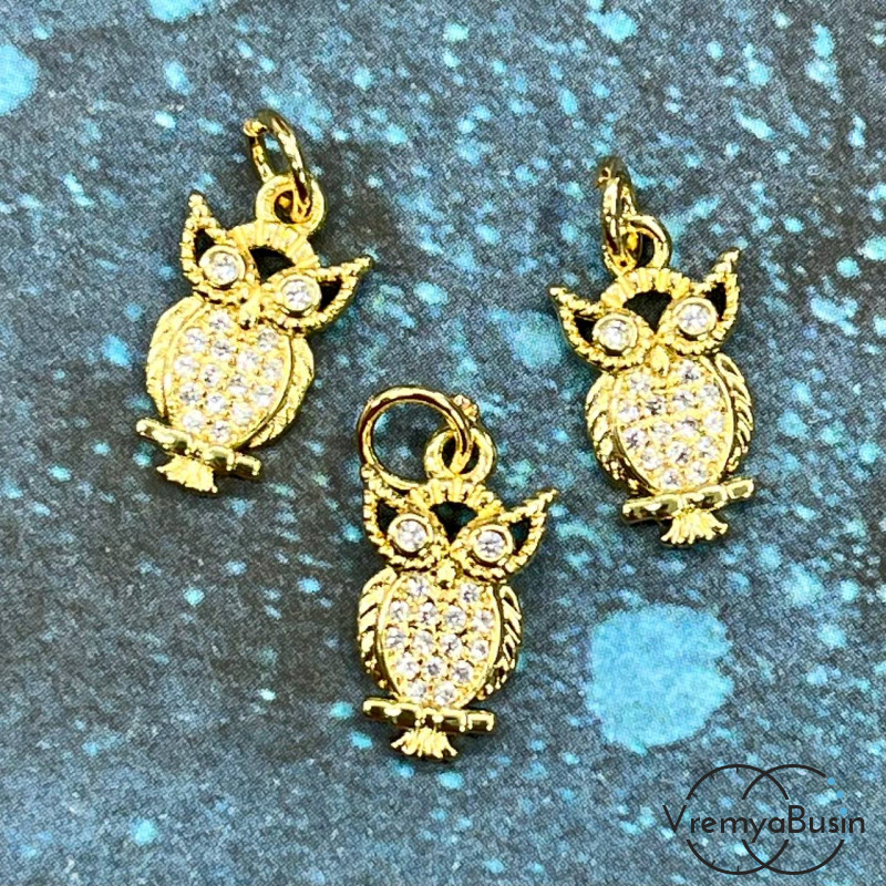Подвеска с фианитами "Сова", 15х8 мм, латунь с позолотой (1 шт.)