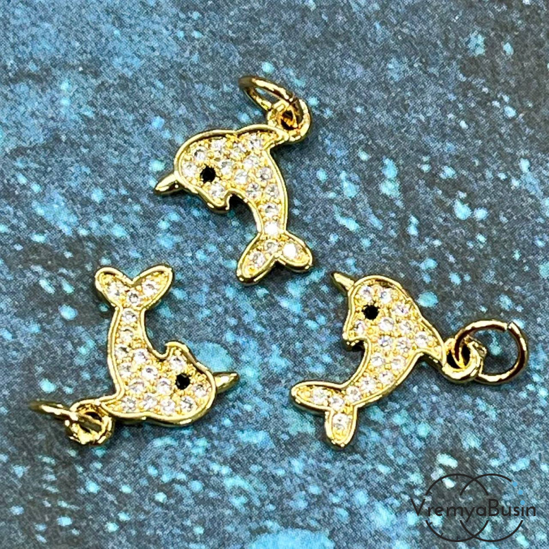 Подвеска с фианитами "Дельфин", 12х12 мм, латунь с позолотой (1 шт.)