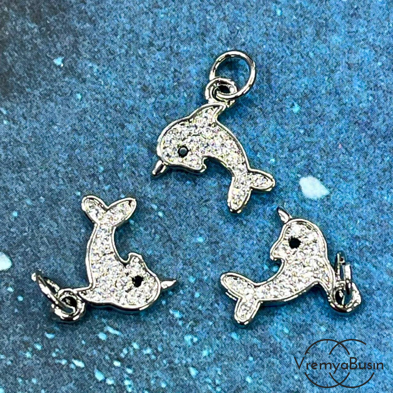 Подвеска с фианитами "Дельфин", 12х12 мм, латунь с родиевым покрытием (1 шт.)