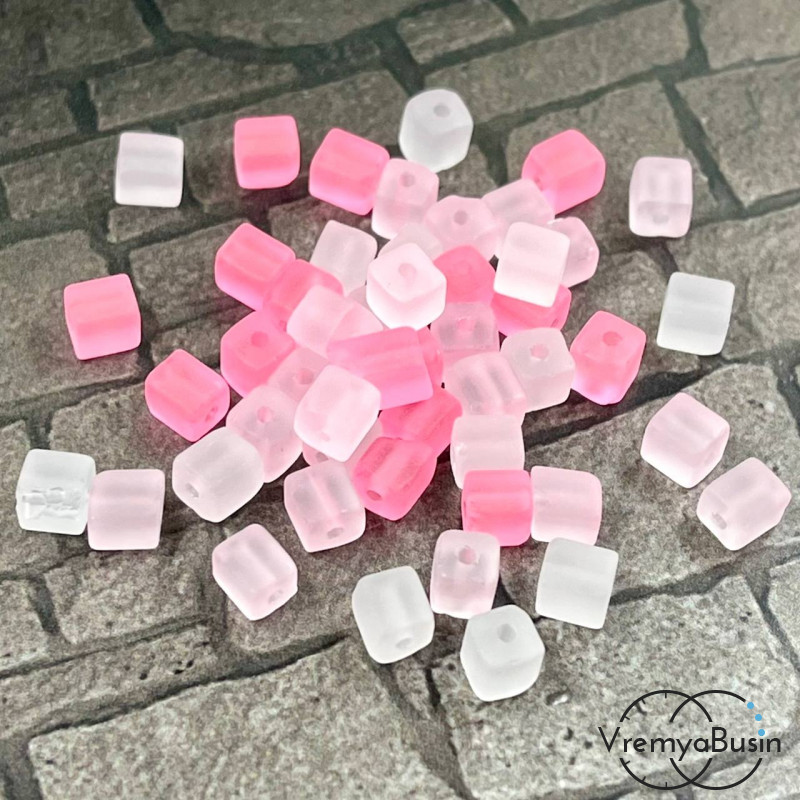 Бусины кубики из матового стекла, 5х5 мм, цв.  розовый микс  (упак. 10 шт.)