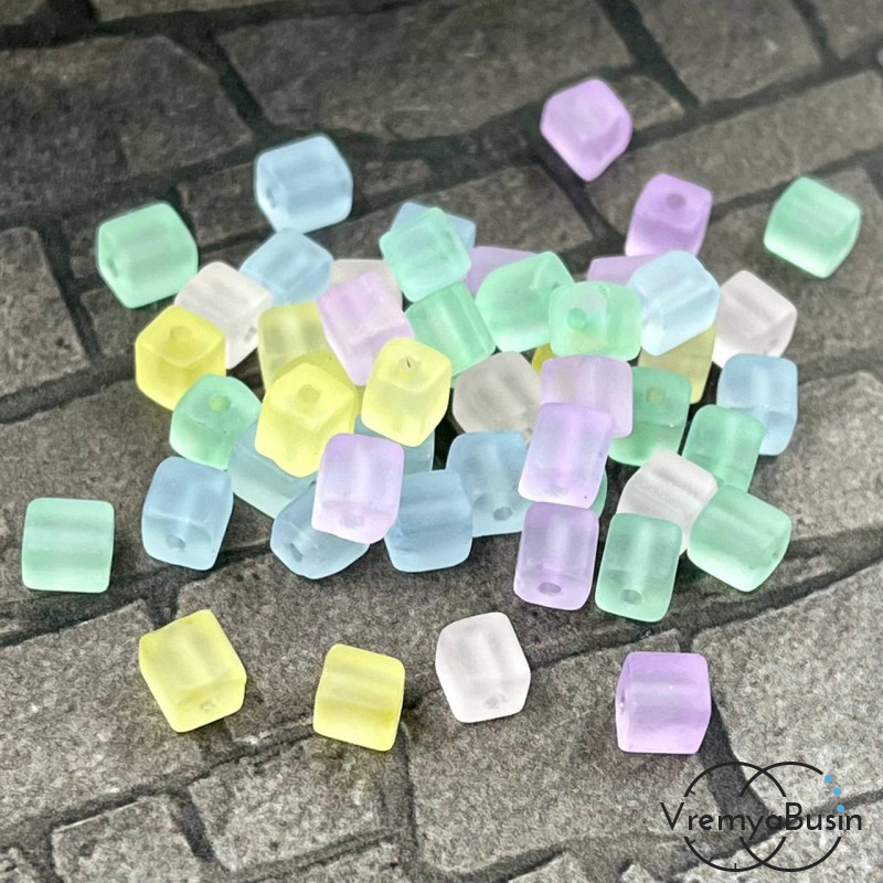 Бусины кубики из матового стекла, 5х5 мм, цв.  пастельный микс   (упак. 10 шт.)