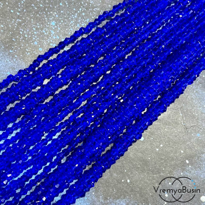 Бусины-биконусы из граненого стекла, 2х3 мм, цв.  синий  (нить, ок. 180 шт.)