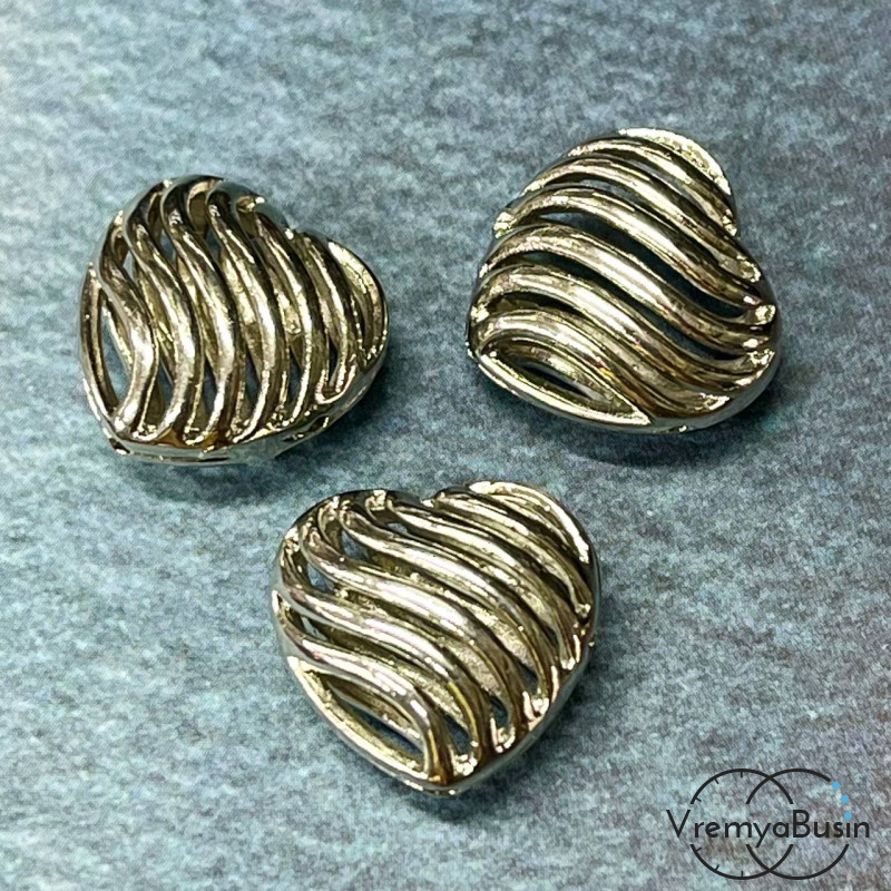 Бусина сердце 16 мм,  из латуни с родиевым покрытием (1 шт.)