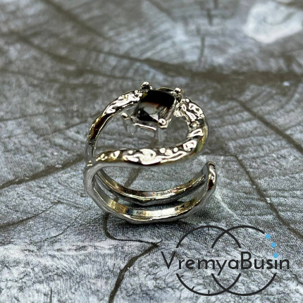 Кольцо с прозрачно-серым камнем, из латуни с родиевым покрытием (1 шт.)