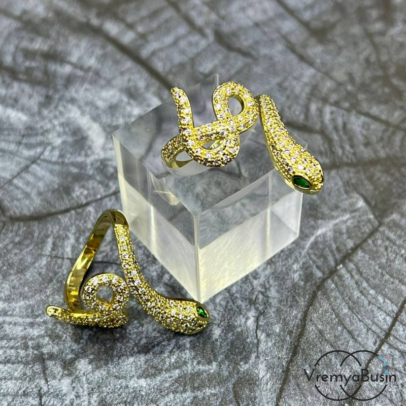 Кольцо "змея с зелеными глазами", из латуни с позолотой (1 шт.)