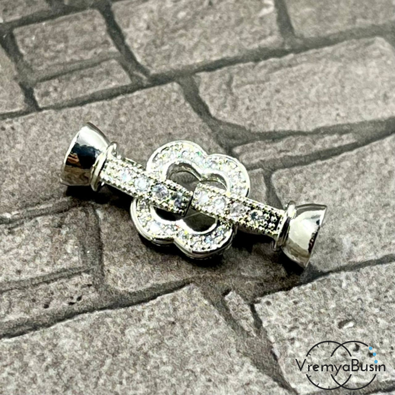 Замок для украшений, латунь с родиевым покрытием и фианитами (1 шт.)