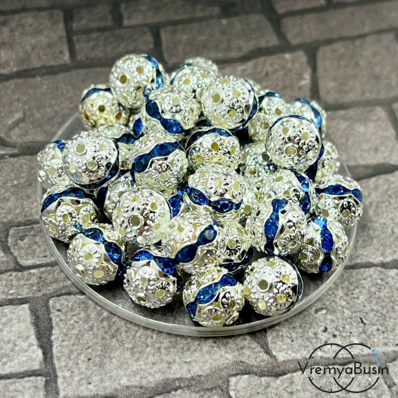 Бусины из филиграни со стразами, 8 мм, цв. синий в серебре  (1 шт.)