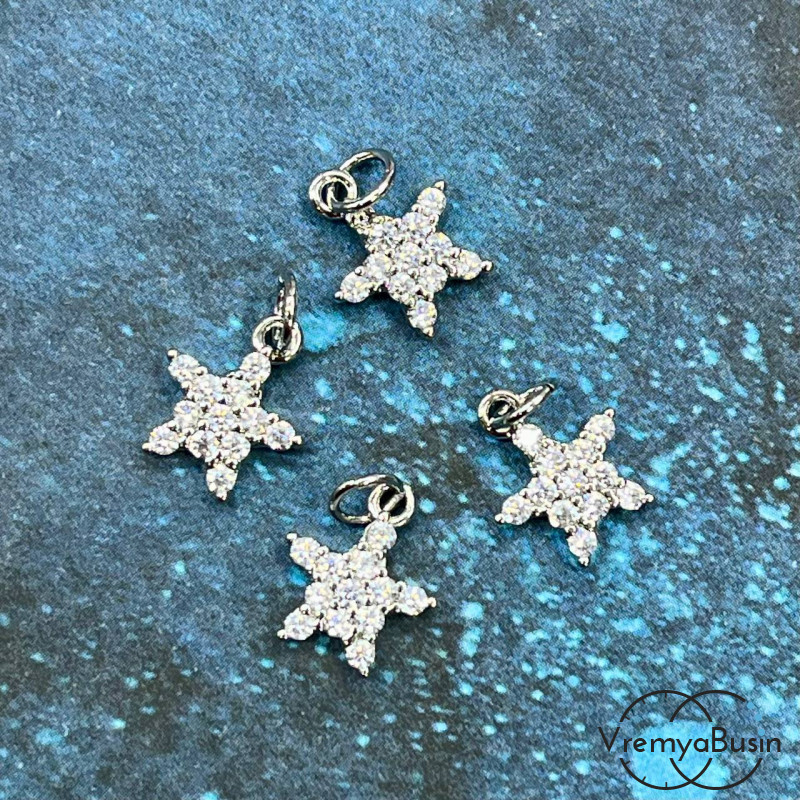 Подвеска с фианитами "Звездочка", 12х10 мм, латунь с родиевым покрытием (1 шт.)