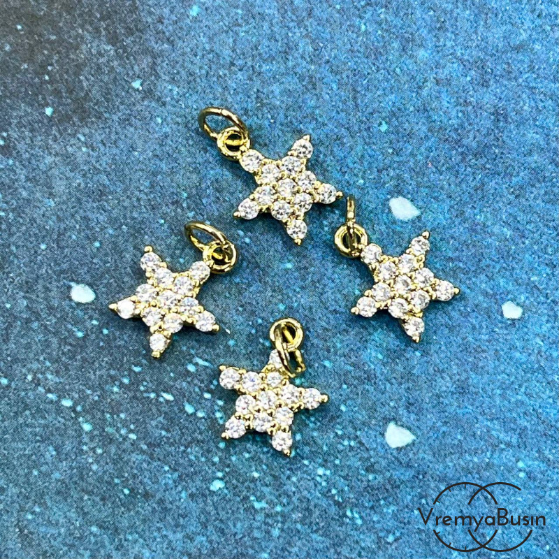Подвеска с фианитами "Звездочка", 12х10 мм, латунь с позолотой (1 шт.)