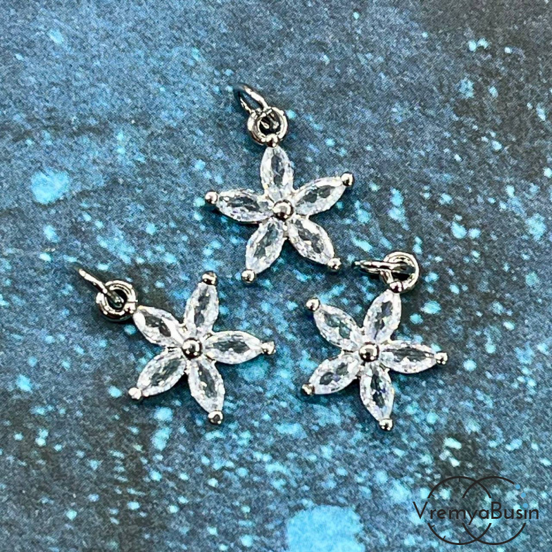 Подвеска с фианитами "Цветок", 14х12 мм, латунь с родиевым покрытием (1 шт.)