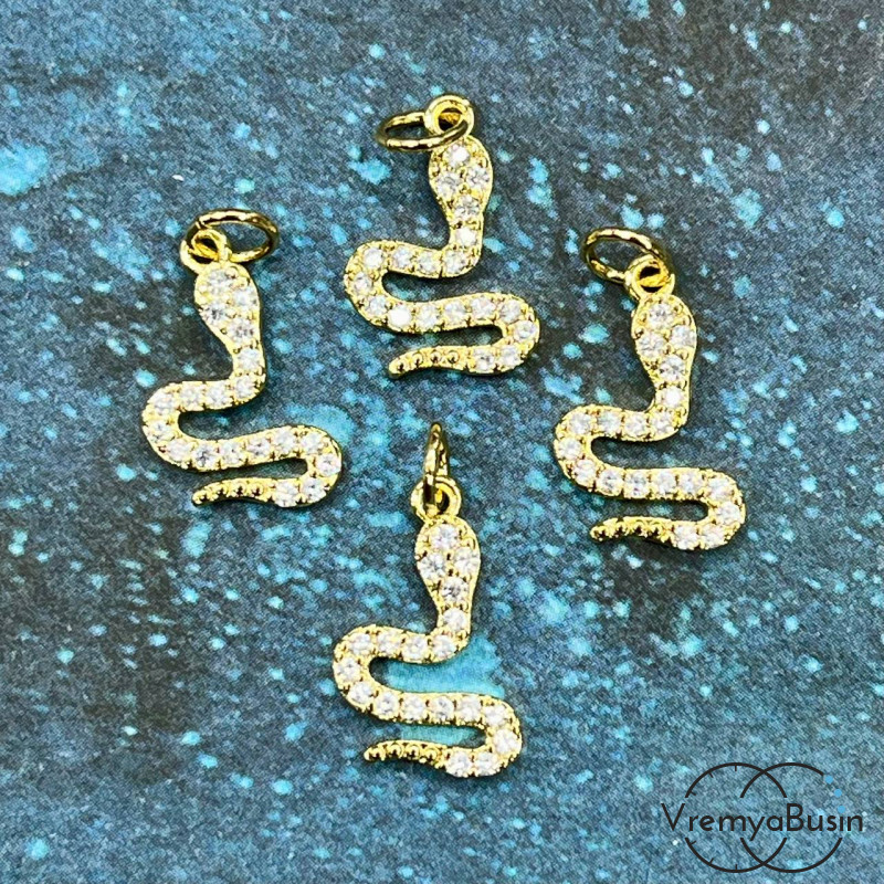 Подвеска с фианитами "Змея", 15х11 мм, латунь с позолотой (1 шт.)