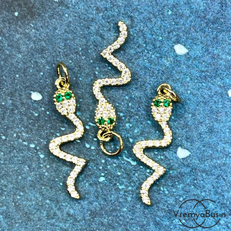 Подвеска с фианитами "Змея", 22х8 мм, латунь с позолотой (1 шт.)