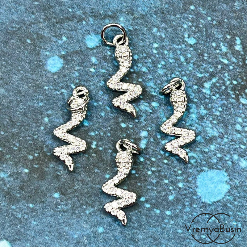 Подвеска с фианитами "Змея", 16х7 мм, латунь с родиевым покрытием (1 шт.)