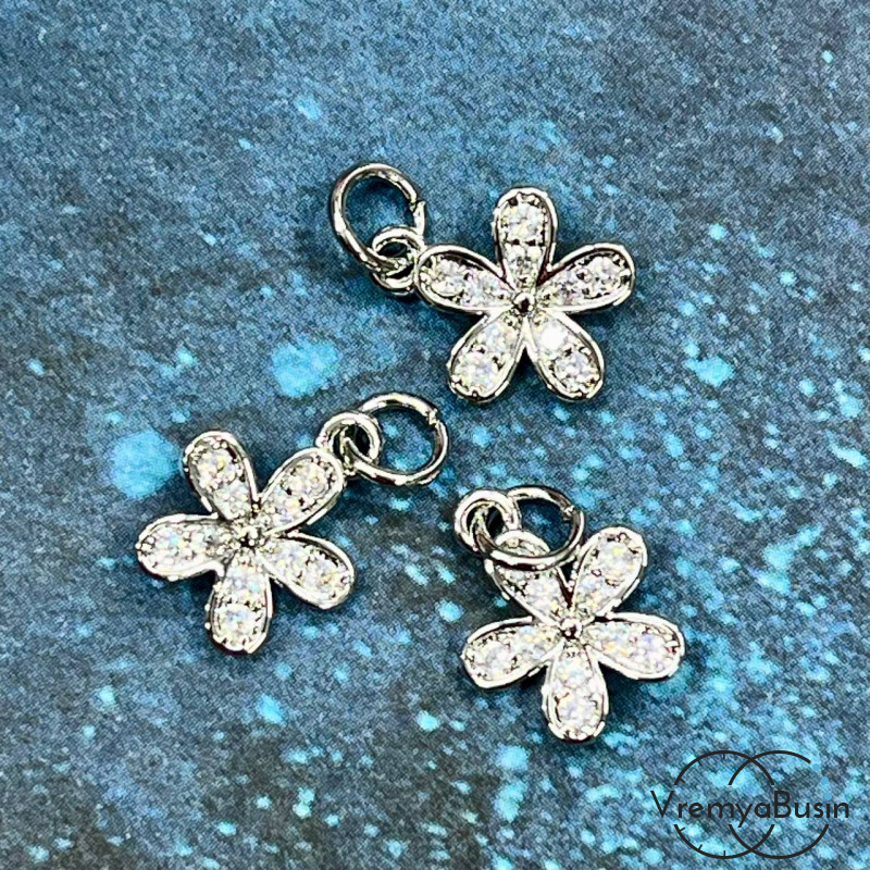 Подвеска с фианитами "Цветочек", 12х10 мм, латунь с родиевым покрытием (1 шт.)