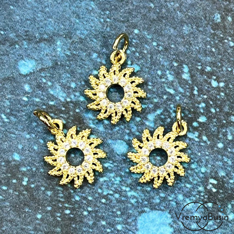 Подвеска с фианитами "Солнце", 13х11 мм, латунь с позолотой (1 шт.)