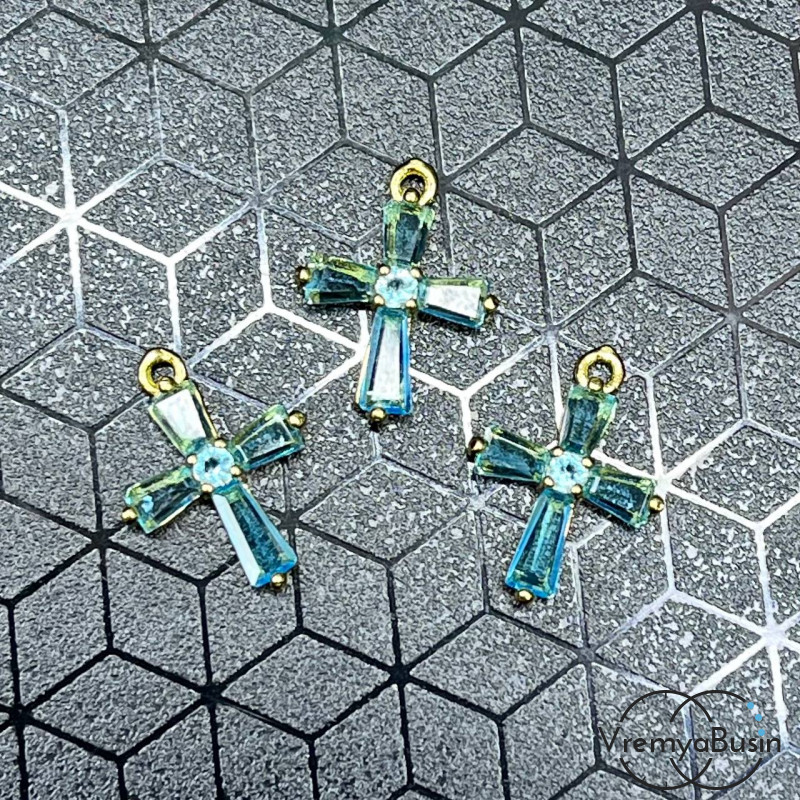 Подвеска "Крестик", 12х16 мм, из латуни с позолотой и цветными фианитами  (1 шт.)