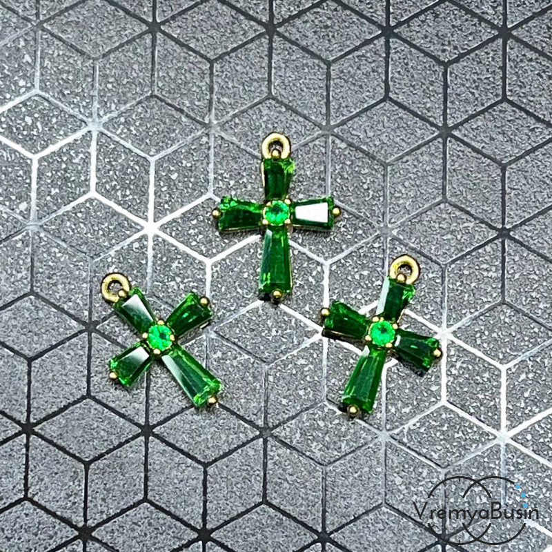 Подвеска "Крестик", 12х16 мм, из латуни с позолотой и цветными фианитами  (1 шт.)