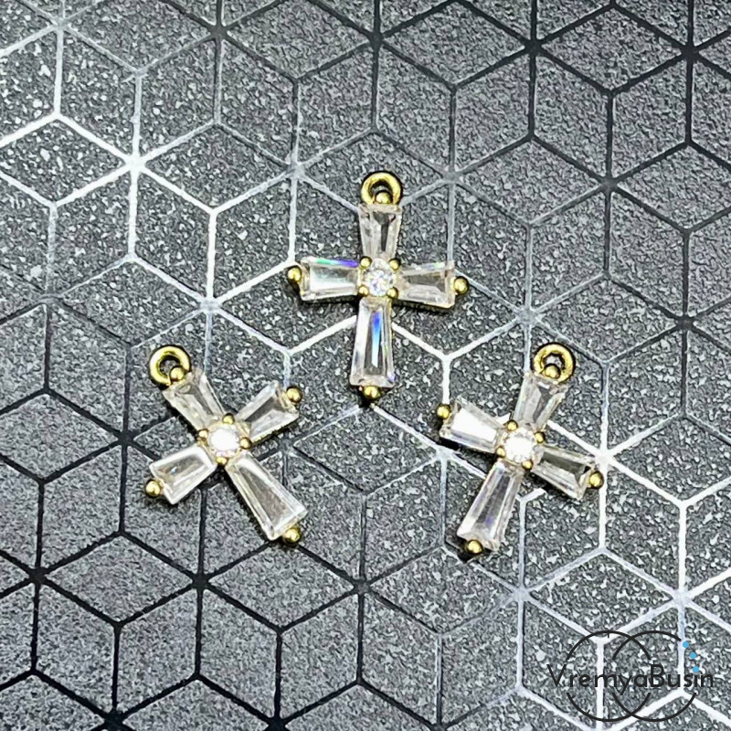 Подвеска "Крестик", 12х16 мм, из латуни с позолотой и цветными фианитами  (1 шт.)