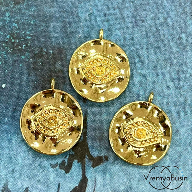 Подвеска "Монетка с глазом", 15 мм, из латуни с позолотой (1 шт.)