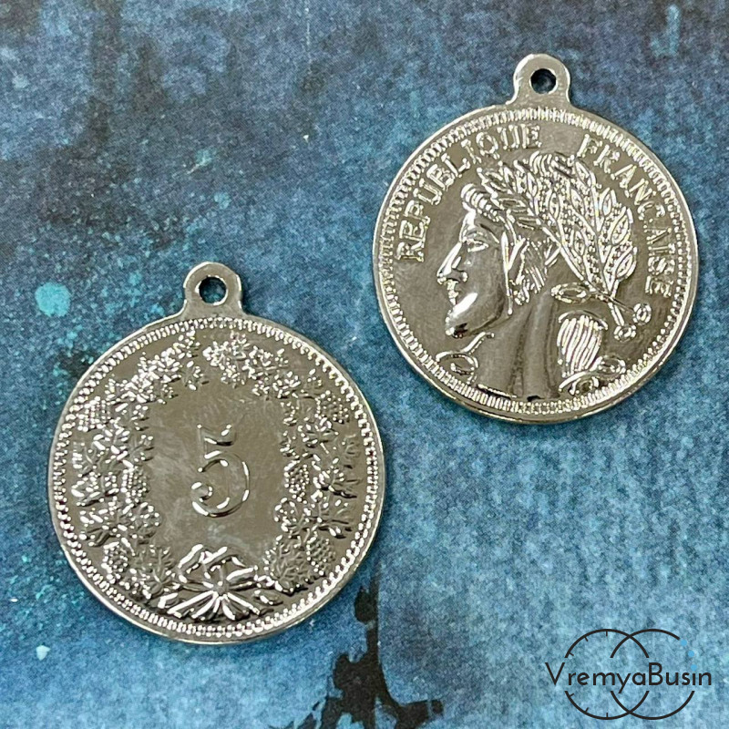 Подвеска  "Монета", 25 мм, латунь с родиевым покрытием (1 шт.)