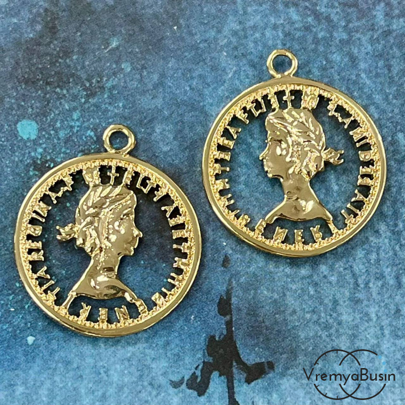 Подвеска "Монетка с женщиной", 23 мм, из латуни с позолотой (1 шт.)