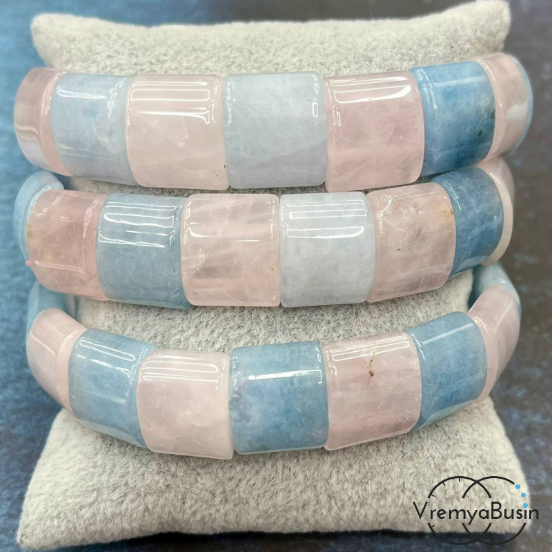 Аквамариновый и розовый кварц. Бусины гладкие с двумя отверстиями 13х15 мм (17 шт.)