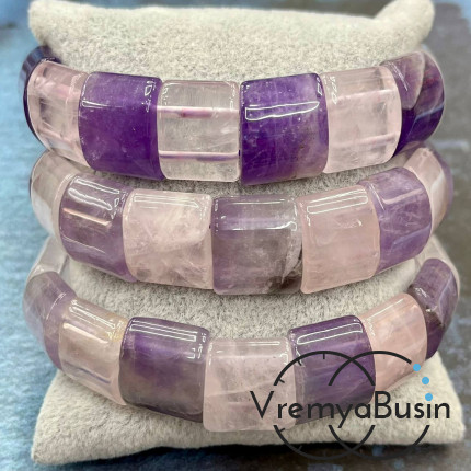 Аметист и розовый кварц. Бусины гладкие с двумя отверстиями 13х15 мм (17 шт.)