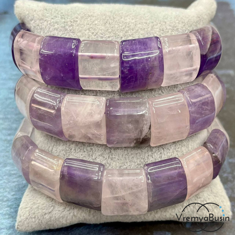 Аметист и розовый кварц. Бусины гладкие с двумя отверстиями 13х15 мм (17 шт.)