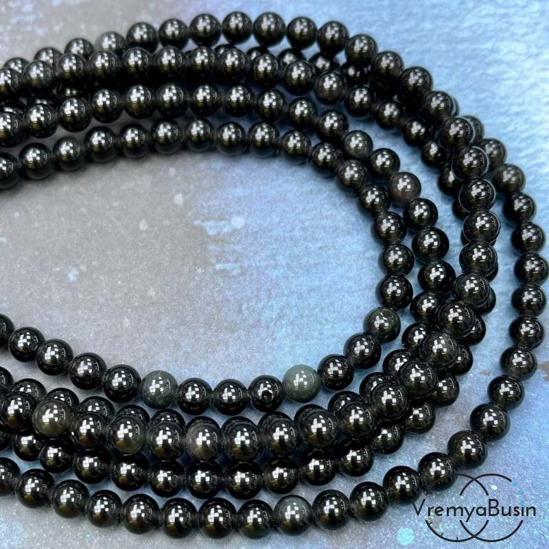 Обсидиан радужный, шарик гладкий 6 мм (нить, ок. 65 шт.)