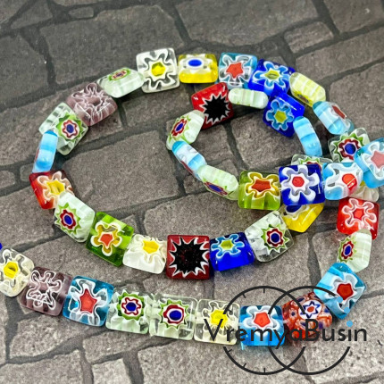 Бусины из стекла миллефиори, квадратик плоский  8 мм (нить, ок. 48 шт.)