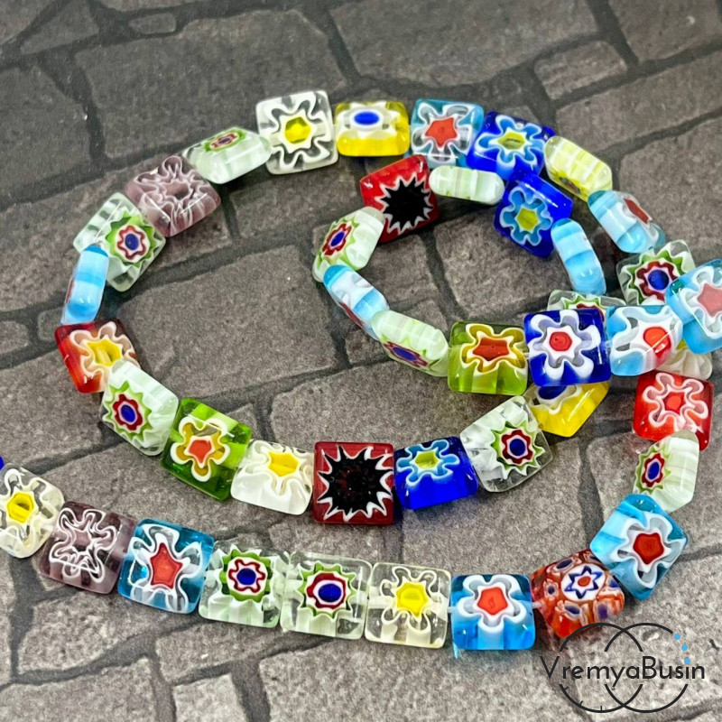 Бусины из стекла миллефиори, квадратик плоский  8 мм (нить, ок. 48 шт.)