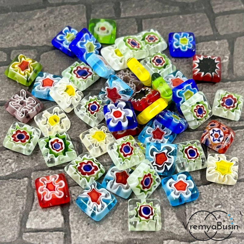 Бусины из стекла миллефиори, квадратик плоский 8 мм (1  шт.)