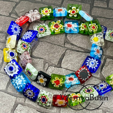 Бусины из стекла миллефиори, квадратик плоский  10 мм (нить, ок. 38 шт.)