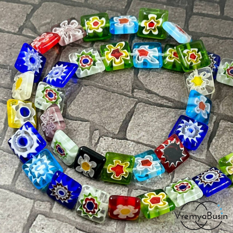 Бусины из стекла миллефиори, квадратик плоский  10 мм (нить, ок. 38 шт.)