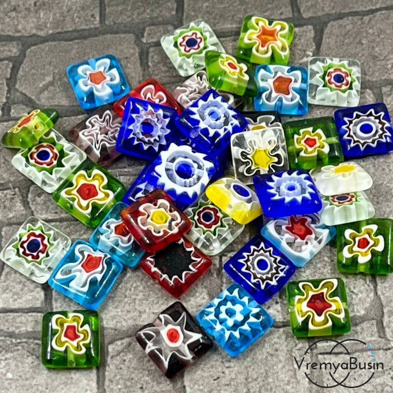 Бусины из стекла миллефиори, квадратик плоский 10 мм (1  шт.)