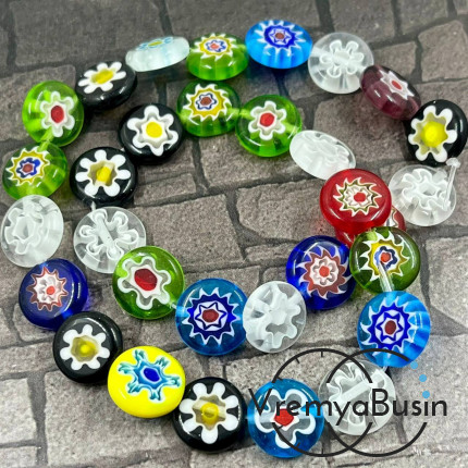 Бусины из стекла миллефиори, таблетка плоская 12 мм (нить, ок. 32 шт.)