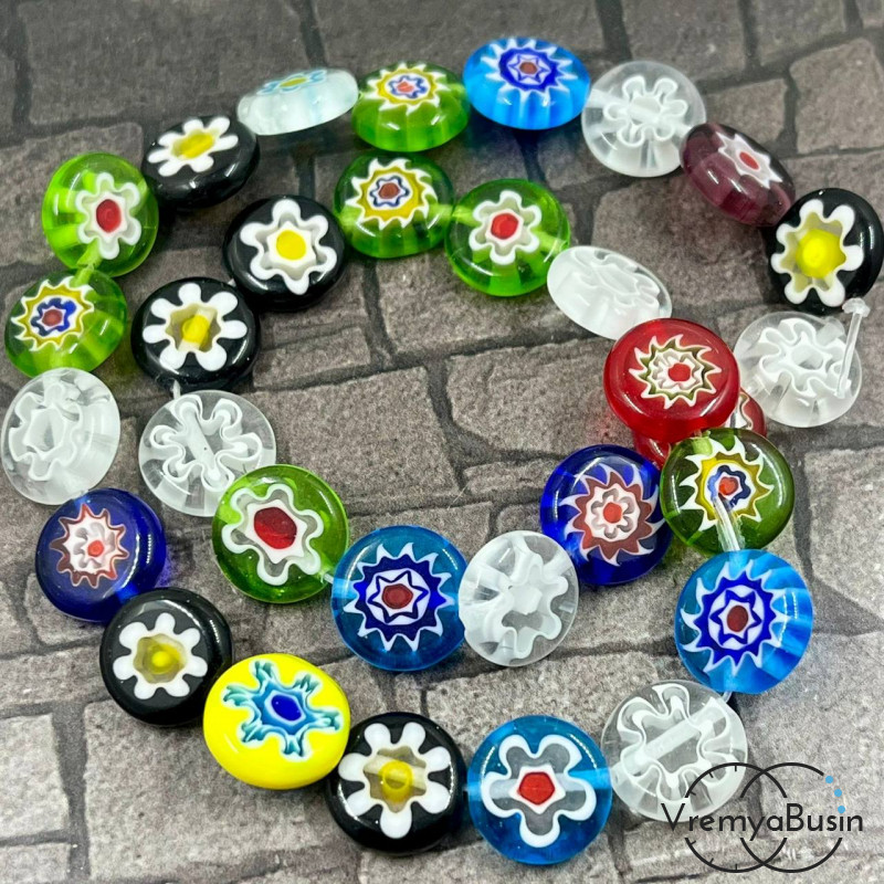 Бусины из стекла миллефиори, таблетка плоская 12 мм (нить, ок. 32 шт.)