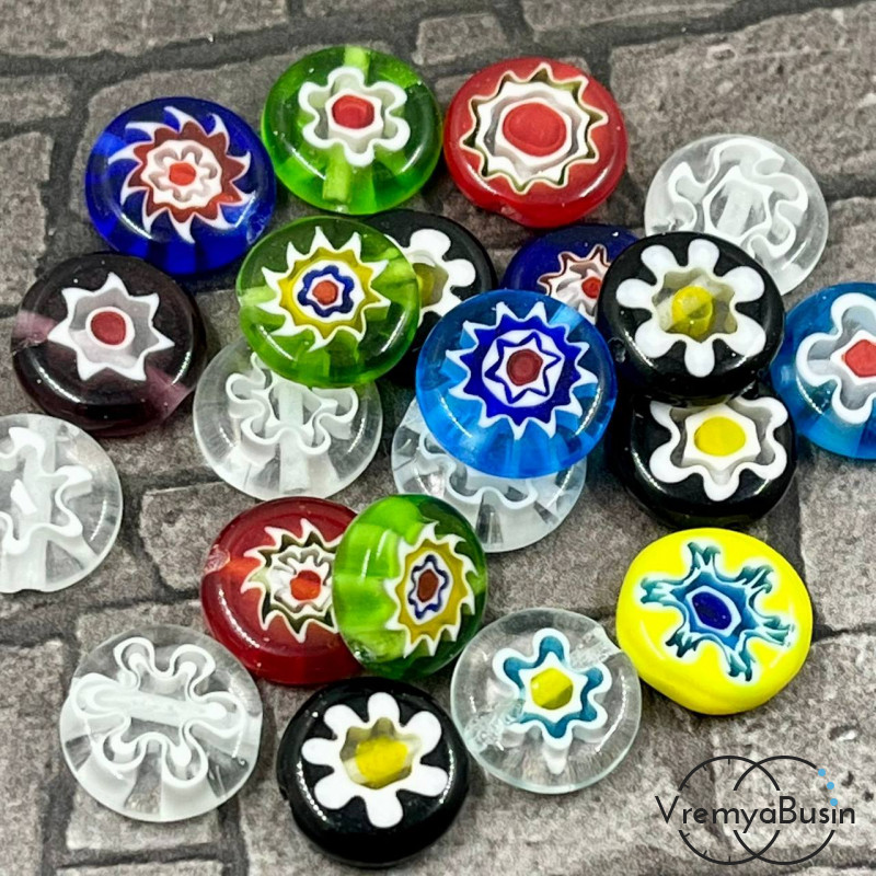 Бусины из стекла миллефиори, таблетка плоская 12 мм (1 шт.)