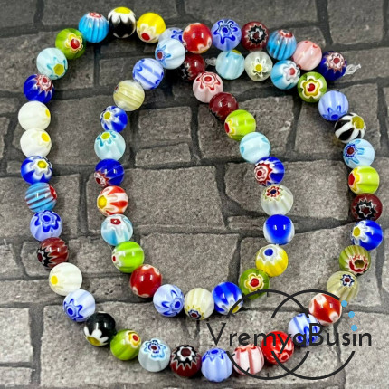 Бусины из стекла миллефиори, шарик 6 мм (нить, ок. 65 шт.)