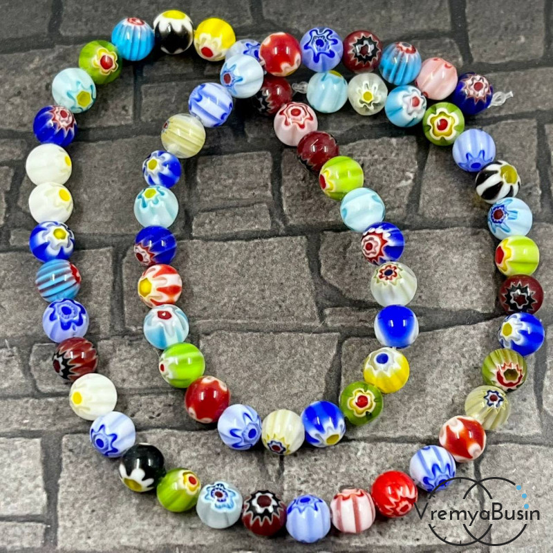 Бусины из стекла миллефиори, шарик 6 мм (нить, ок. 65 шт.)