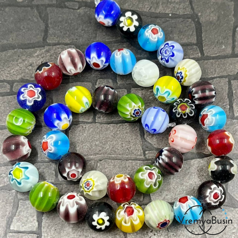 Бусины из стекла миллефиори, шарик 10 мм (нить, ок. 38 шт.)